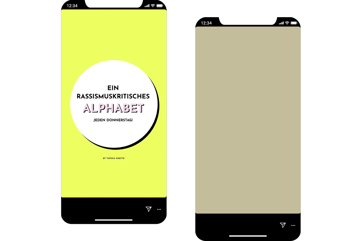 zwei schematische schwarze Smartphones nebeneinander auf dem Display der animierte Buchstaben B und ein statisches Bild des Titels aus dem rassimuskritischen Alphabet auf gelbem und sandfarbenem Untergrund