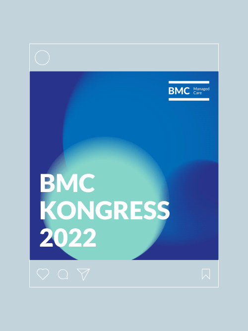 Bundesverband Managed Care e. V. Corporate Design Social Media Post mit Logo zum BMC Kongress mit animierten Keyvisual drei farbige Kreise wabern und überlagern sich 