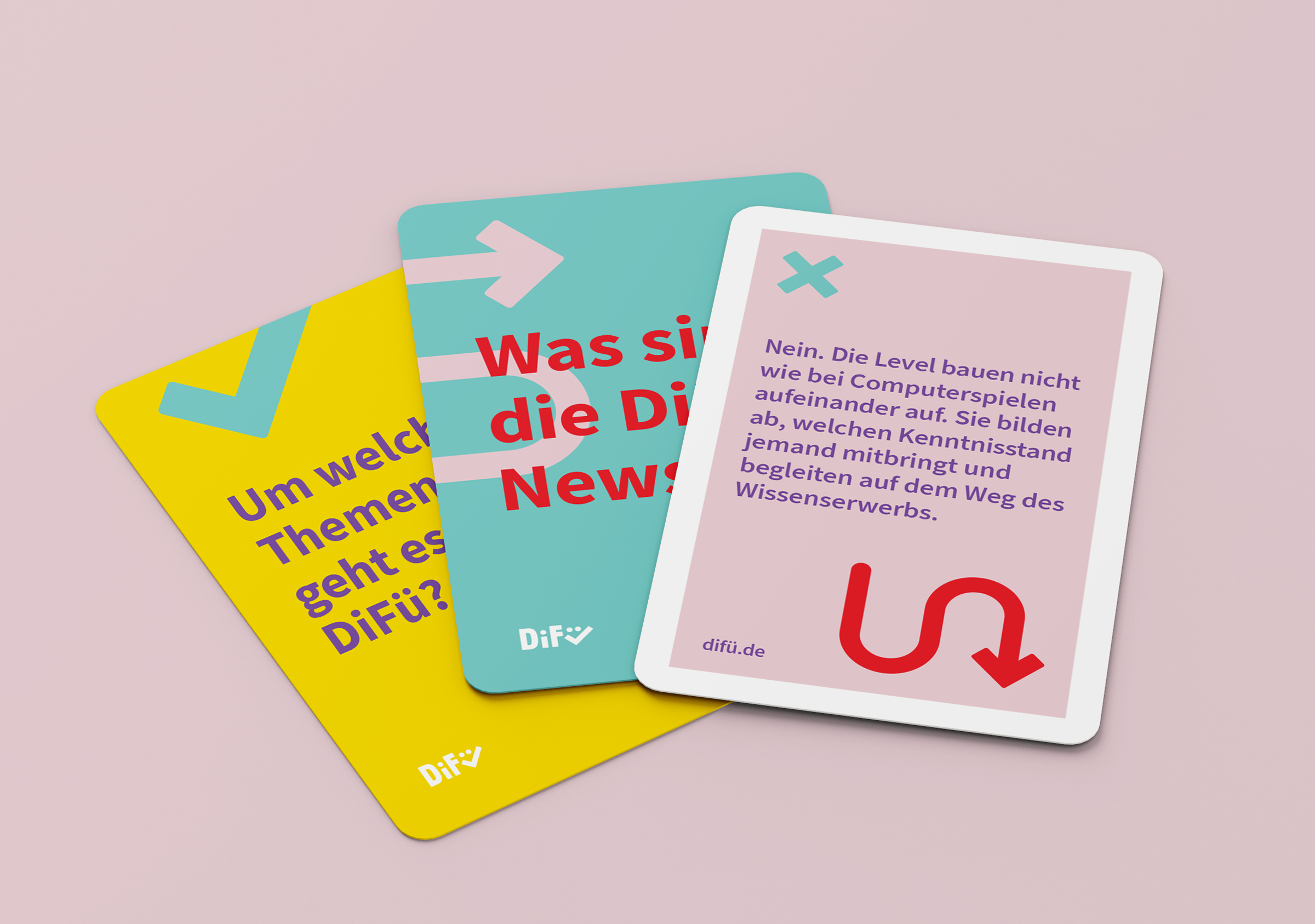 DiFü Digitalführerschein Corporate Design drei farbige Spielkarten auf rosa Hintergrund mit Fragen und Antworten Icons und Logo
