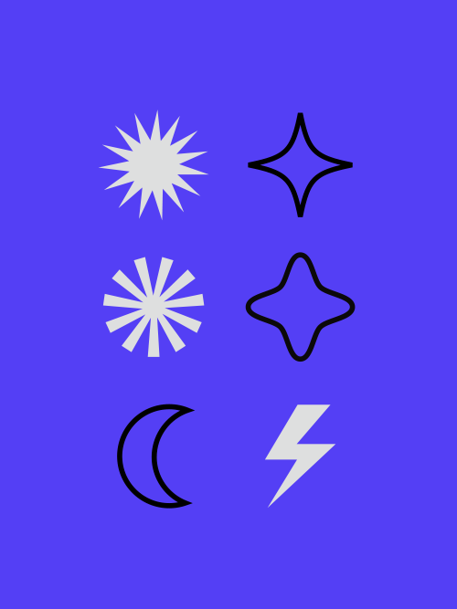 sechs animierte Icons / Grafiken / Symbole in grau schwarz auf blauem Hintergrund 