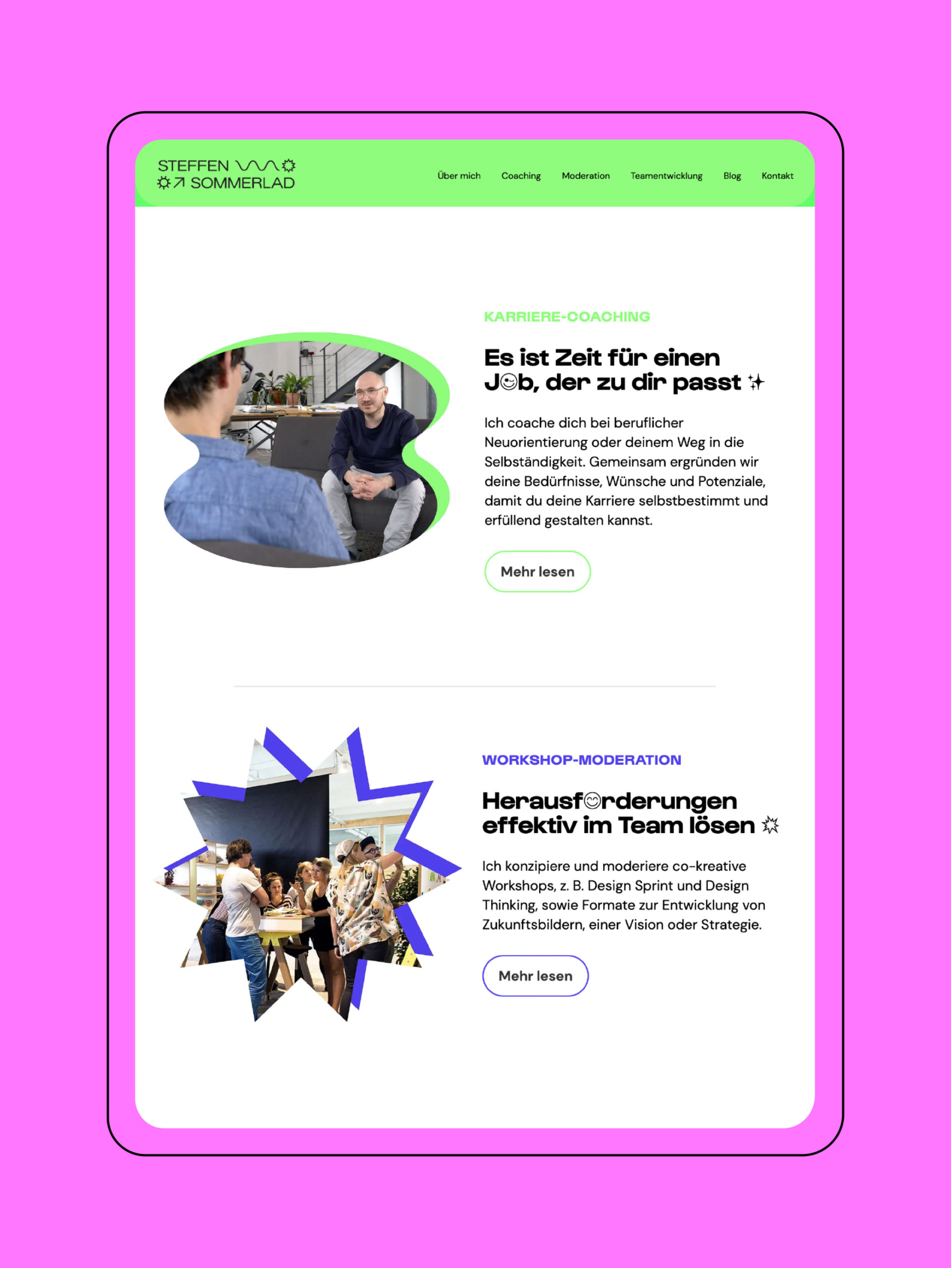 Tablet-Ansicht der Website in linearem Rahmen vor pinkem Hintergrund, neongrüne Menüleiste, schwarz-grün-blauer Text auf weißer Fläche. Links neben der Copy Fotos in Formen