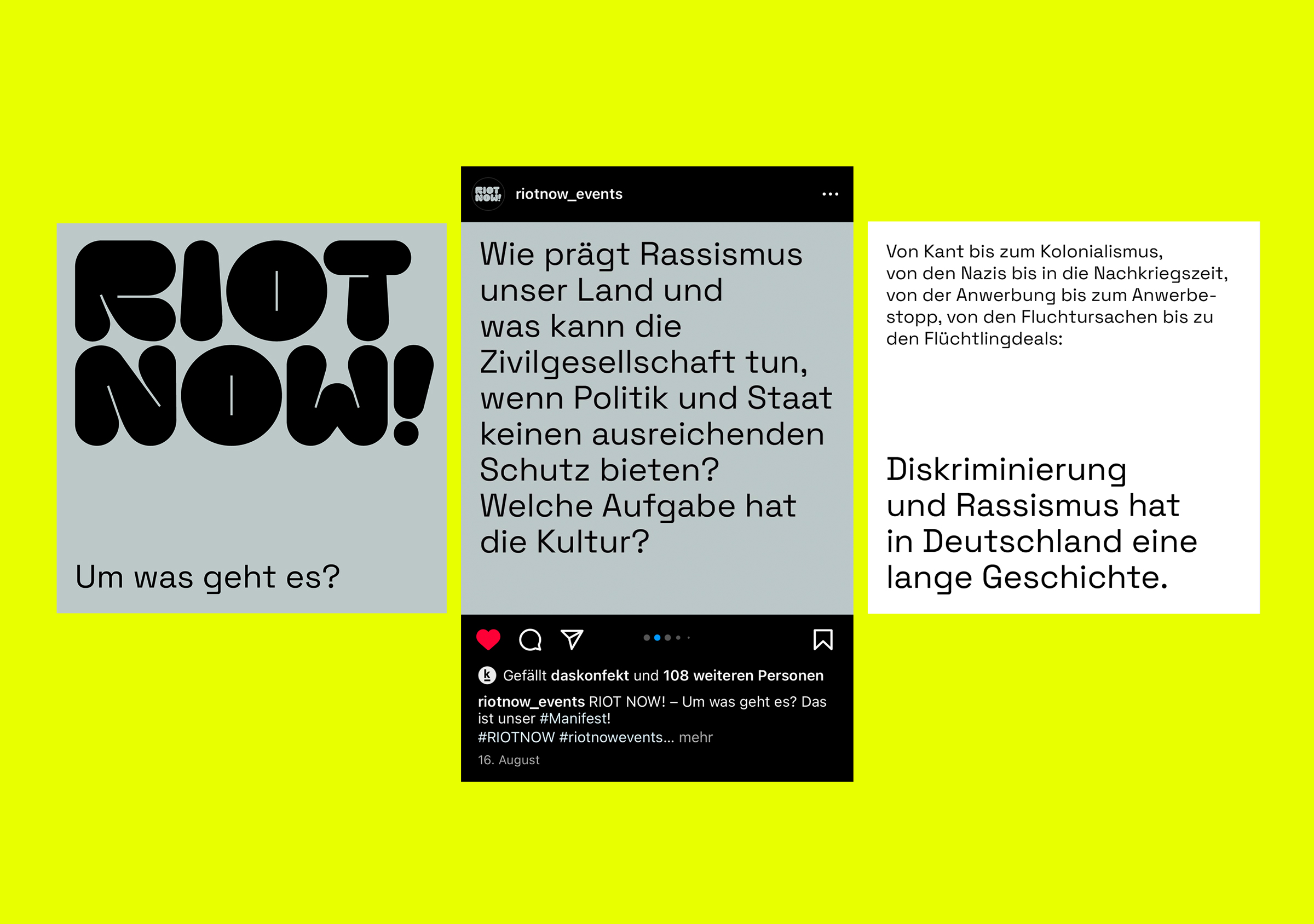 Riot Now! Instagram Gallery Post auf gelbem Hintergrund mit 3 Kacheln nebeneinander auf grauem und weißem Hintergrund mit schwarzem Text 