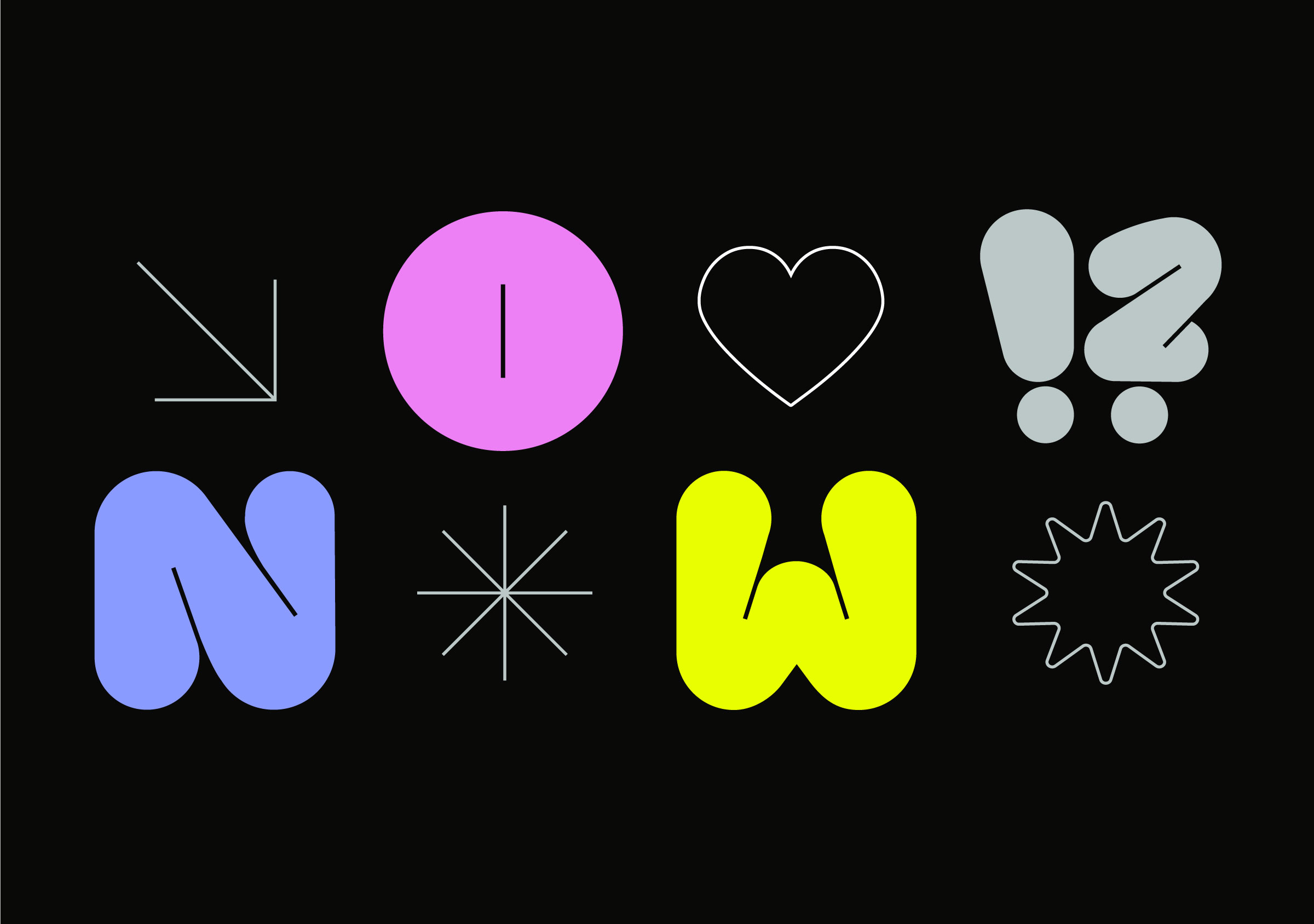 Riot Now! Corporate Design Eventreihe zwei Zeilen mit Symbolen und Buchstaben N O W in pink, lila, gelb und grau auf schwarzem Hintergrund 