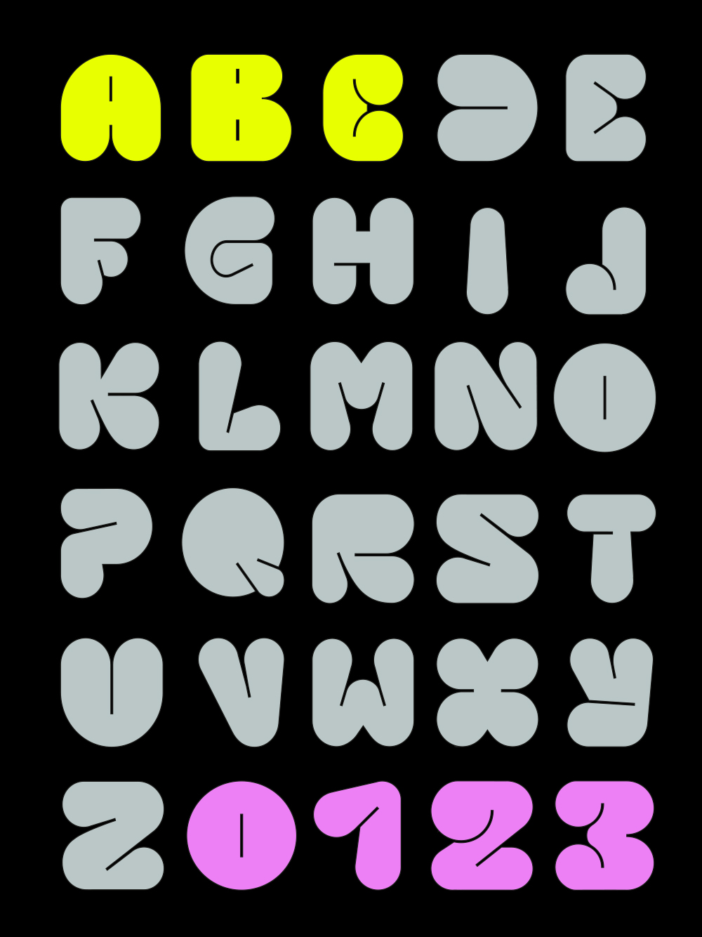 RIOT NOW! Buchstaben A-Z in Großbuchstaben und Zahlen 0,1, 2, 3,  in 6 Reihen in gelb, grau und pink auf schwarzem Hintergrund 