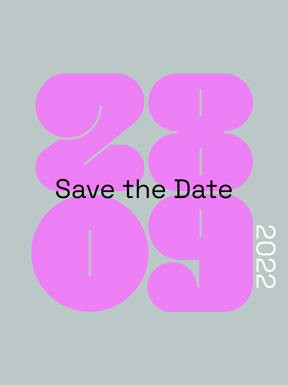 RIOT NOW! Datum in den Zahlen 28 und 09 untereinander darüber Aufschrift save the date und rechts 2022 animiert wechselnde Farben pink, grau und schwarz 