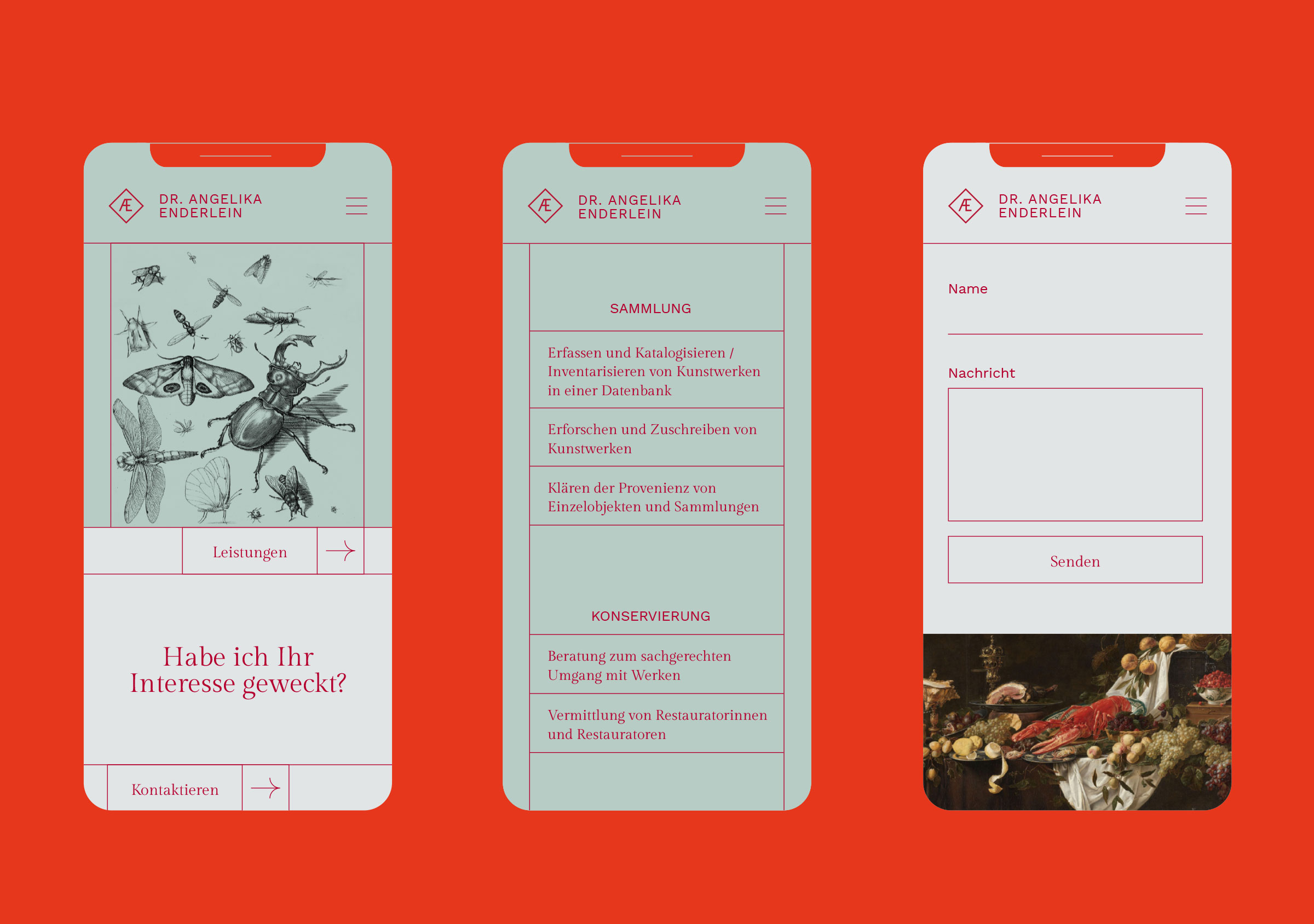 uf rotem Hintergrund drei mobile Ansichten von Webseite Sammlungsbetreuung Enderlein, beinhalten hellgrüne und graue Hintergründe, roten Text und Kunstwerke